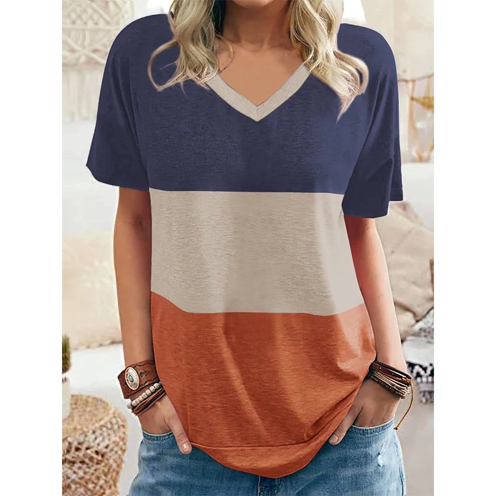 Women\'s T-shirt Simple Fashion V-neck Short Sleeve Stripe Print T Shirt For Ladies Harajuku Loose Clothing Female Pullover Tops