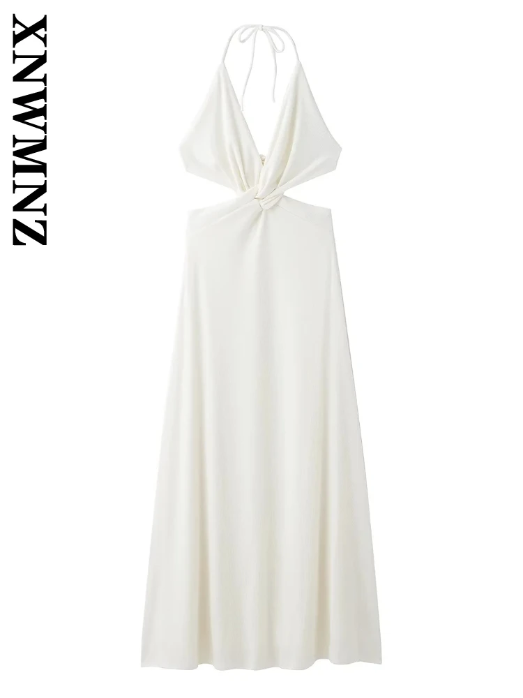 

XNWMNZ 2025 Summer New Woman's Chic V-Collar Midi Skirt Slip dress Hipster Woman Sleeveless Dresses Backless Thin Lace Ruffles