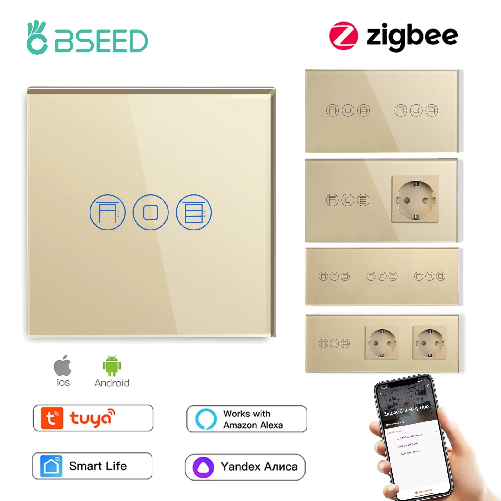 BSEED Zigbee Shutter Switch Smart Double Wall Blind Switches Tuya Smart Life App Compatible Plus EU Sockets Type-c USB Ports