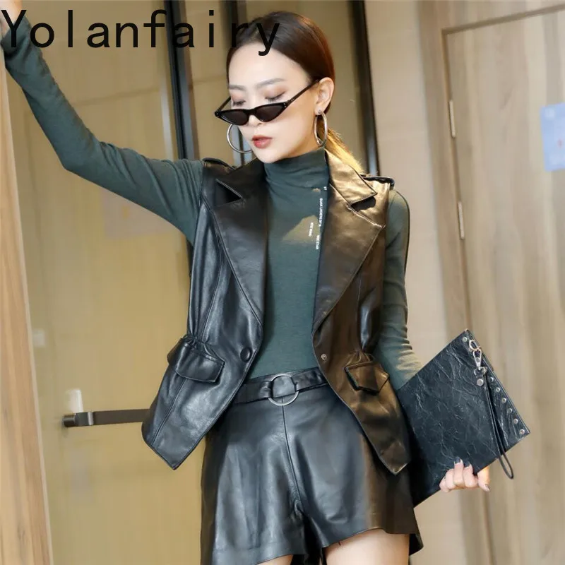 YOLANFAIRY 2026 Fall New Arrival Ladies Short Leather Vest for Woman Real Sheepskin Waistcoat Lapel Collar Slim Sleeveless Vests