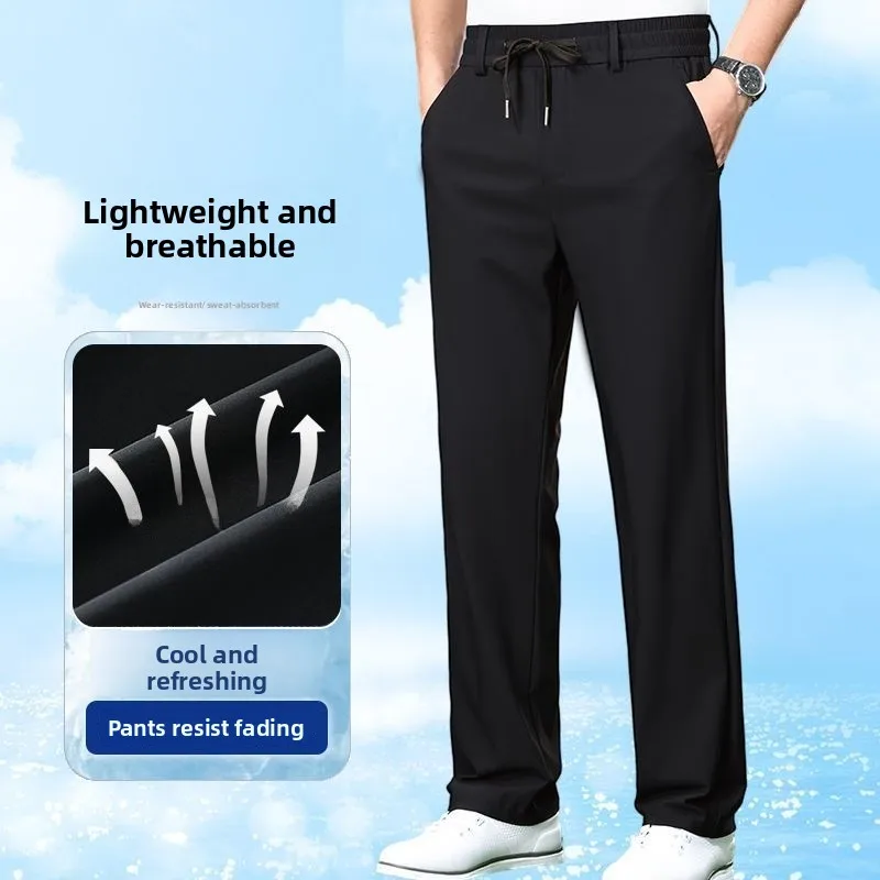 

Summer Thin Ice Silk Men's Casual Pants Loose Fit Straight Leg Busin Casual Trousers Faionable Youth Sport Long Trousers