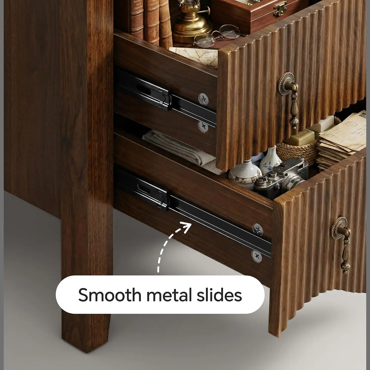 Fluted Nightstand with Charging Station & 2 Drawers,Walnut | Vintage Bedside Table, 2 Fluted Drawers and Open, Customized