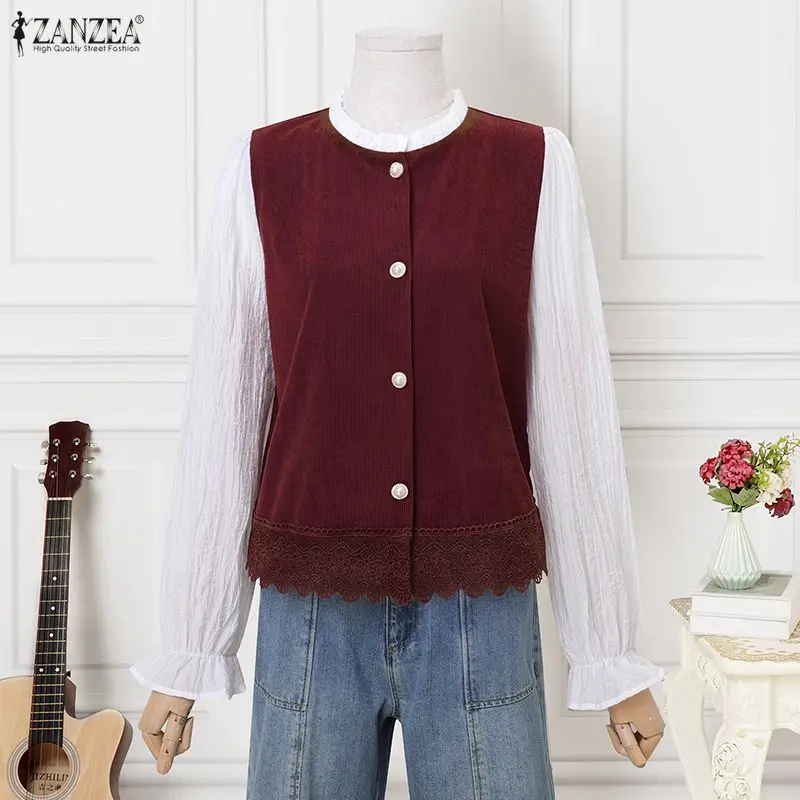 

Женские вельветовые рубашки ZANZEA с кружевной отделкой, элегантные блузки с пышными рукавами и лоскутным узором, на пуговицах, весенне-осенняя мода, 3XL