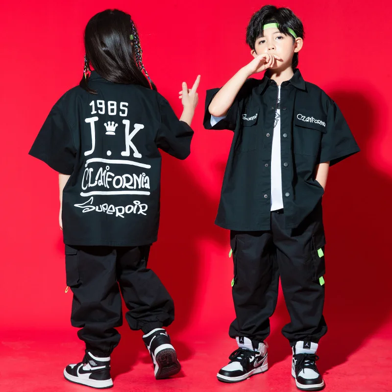 

Kid Hip Hop Clothing Black Letters Short Sleeve Shirt Casual Street Cargo Jogger Pants for Girl Boy Jazz Dance Costume Clothes