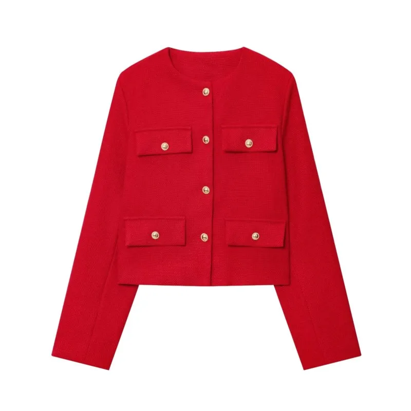 

HipSeam Women Short Jacket Autumn Vintage O Neck Long Sleeve Lady Coat With Pocket Casual Button Lady Jackets Female Coat