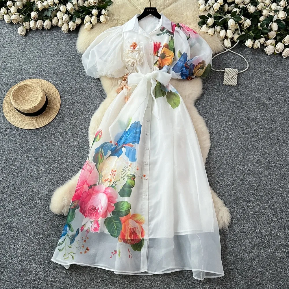 Chic vintage Sexy stampa maglia con lacci pulsante Fata Estate Donna Boho Vestito estivo abbigliamento donna Abito lungo