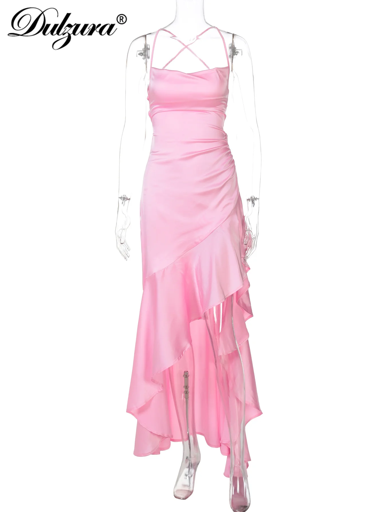 Dulzura, sin mangas, sin espalda, con cordones, fruncido, cremallera Irregular, vestido largo liso, Sexy, elegante, vestido largo para fiesta, Club, traje de graduación