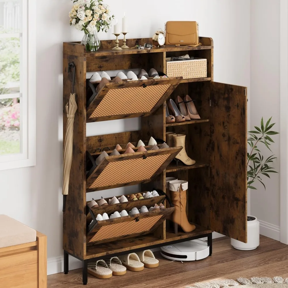 

Shoe Cabinet Rattan With 3 Flip Drawers And 4-tier Shoe Storage Cabinet, Freestanding Shoe Organizer With Adjustable Shelves Fo