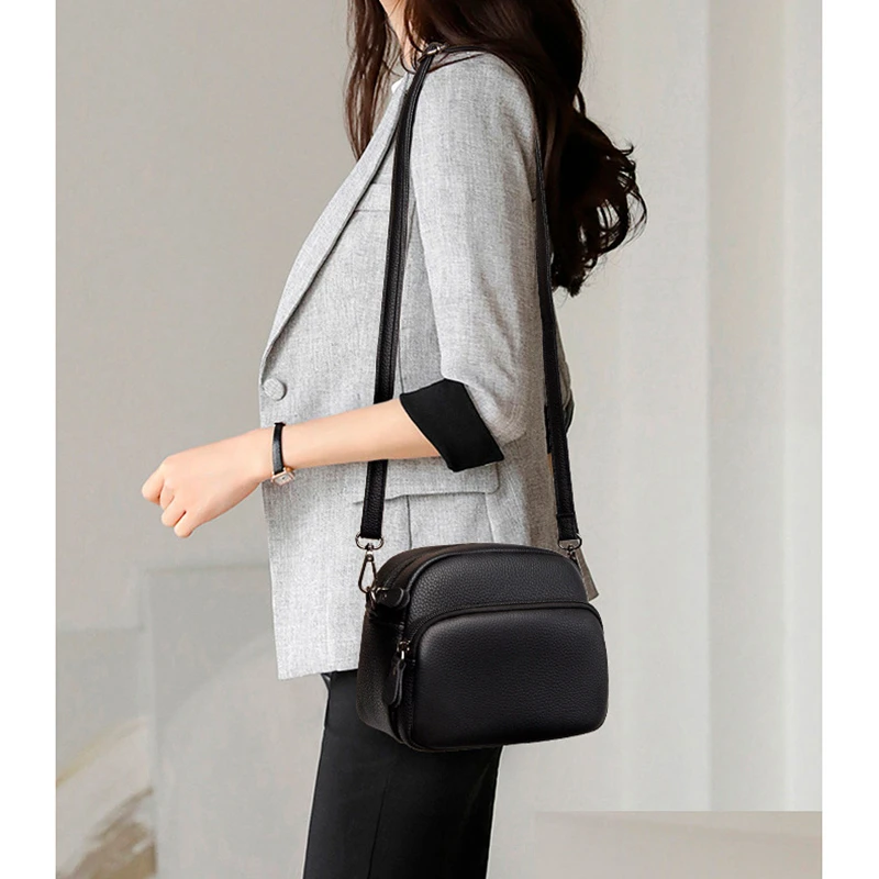 100% Genuine Leather Shoulder Bags For Women Rectangle Black Crossbody Luxury Designer Handbag Female Messenger Pocket