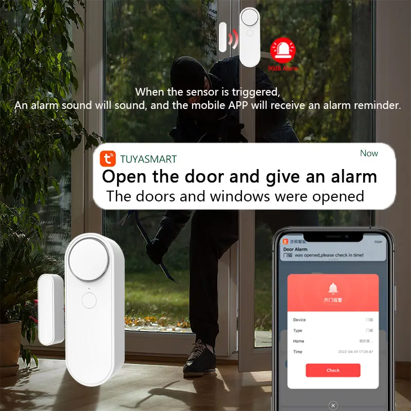 Tuya เซ็นเซอร์ประตู WiFi Smart Home Security Alarm System Independence Alert ฉาก90dB ไซเรนเตือน APP ฟังก์ชั่นติดตั้งง่าย