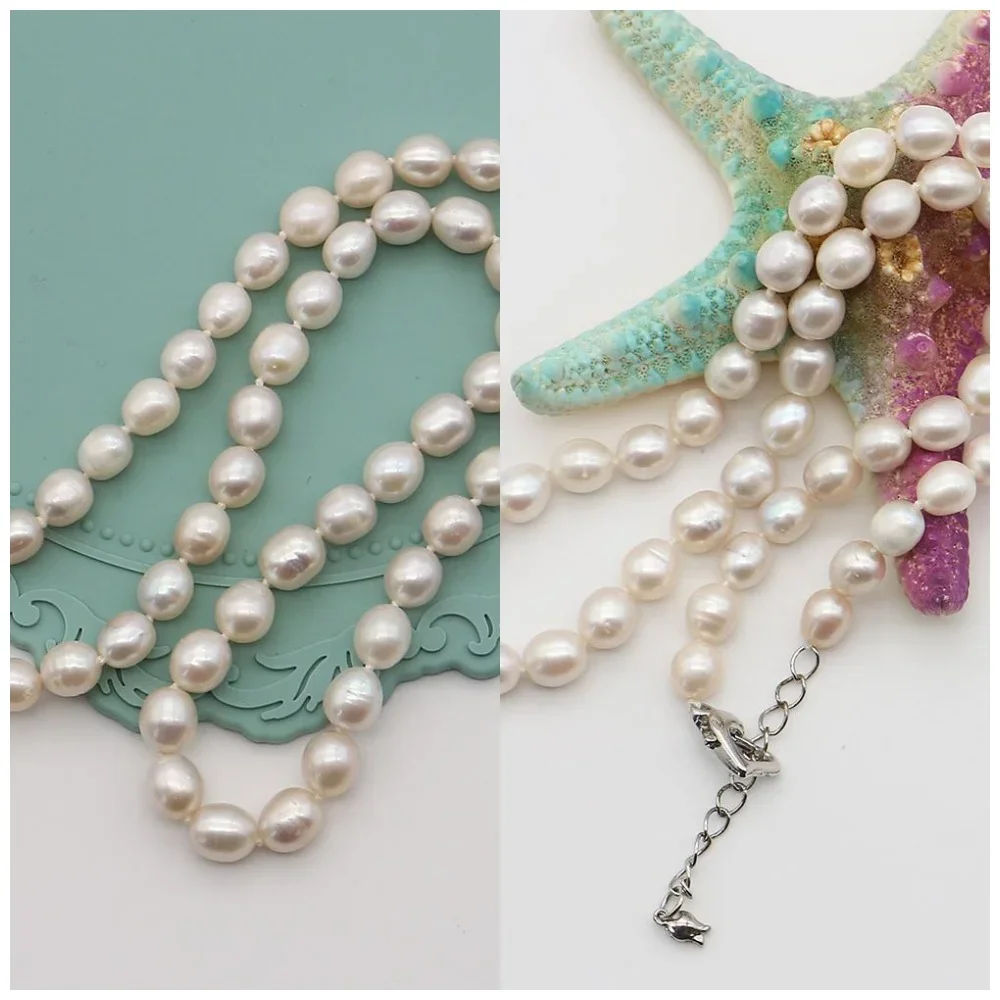 Baroque Freshwater White Rice-shaped Straight-hole Pearl Necklace Heart-shaped Clasp Extender Chain Daily Gift Mother Girlfriend