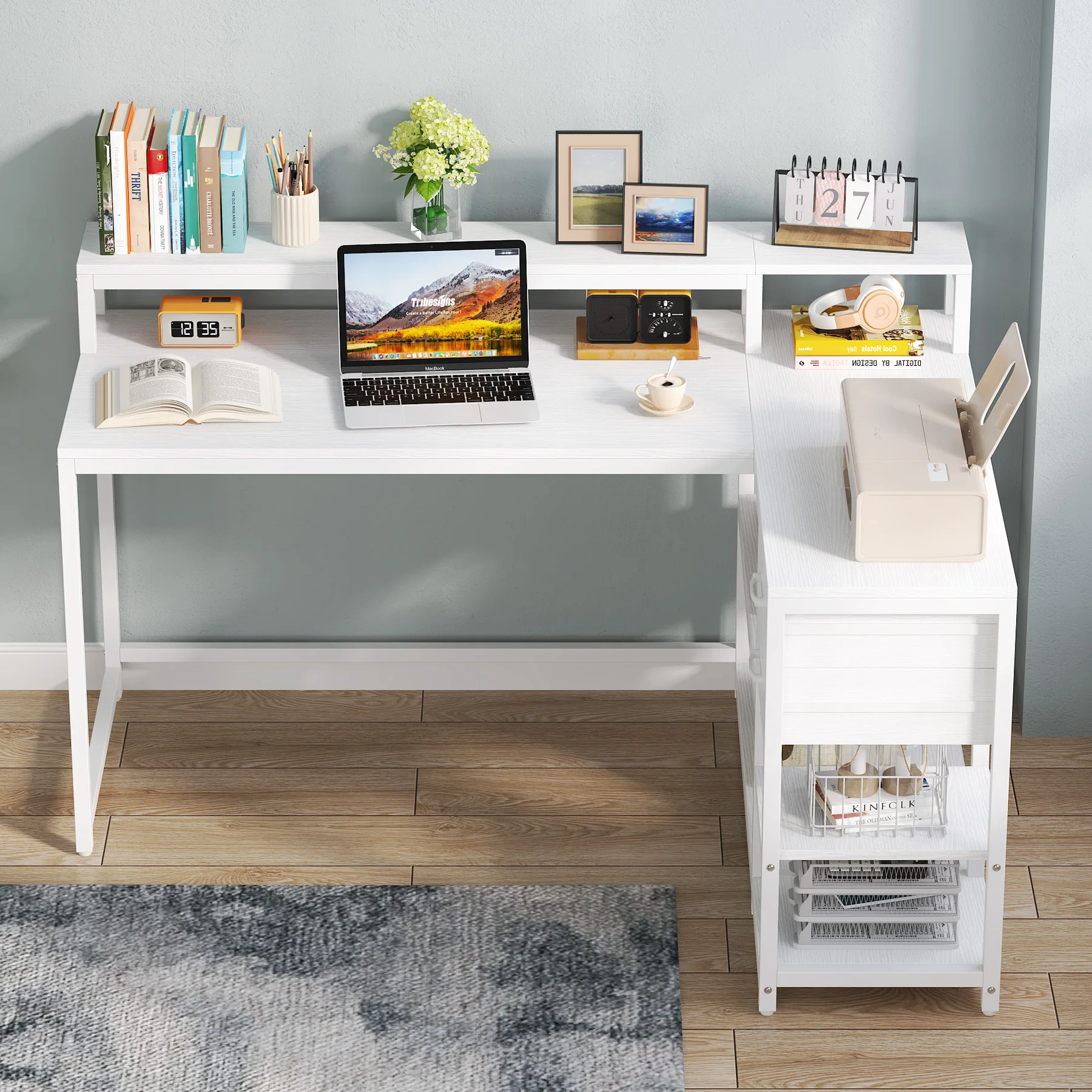 Tribesigns Reversible L Shaped Desk with Drawer, Industrial Corner Desk Home Office Table with Shelves and Monitor Stand