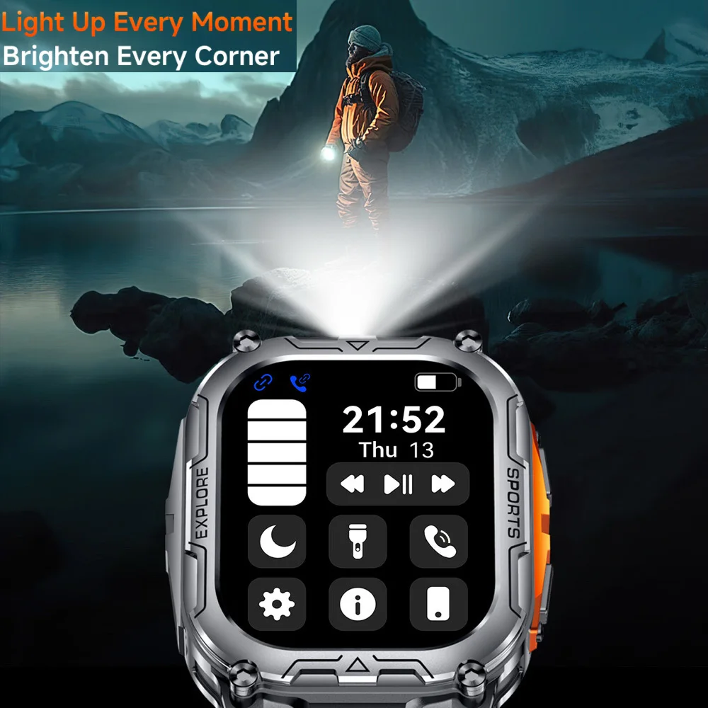 

Men Outdoor Sports Smart Watch 1000Mah Battery Blue Tooth Call Health IP68 Waterproof LED Flashlight Music Smartwatch Weather