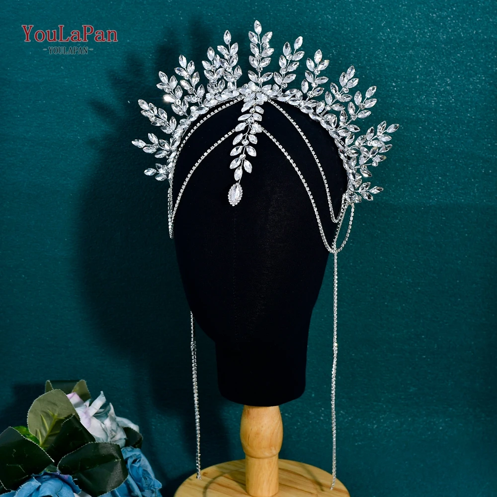 YouLaPan Champagne Color Bridal Crown Headband Handmade Headdress for Women Crystal Tassel Wedding Headpiece Accessories HP952