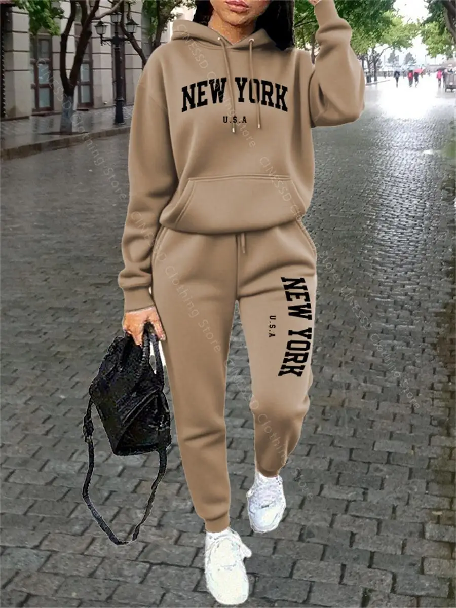 نيويورك المرأة Sweatsuit الخريف الشتاء قطعتين مجموعة هوديي السراويل عالية الجودة فضفاضة أزياء الشارع الشهير السيدات رياضية وتتسابق