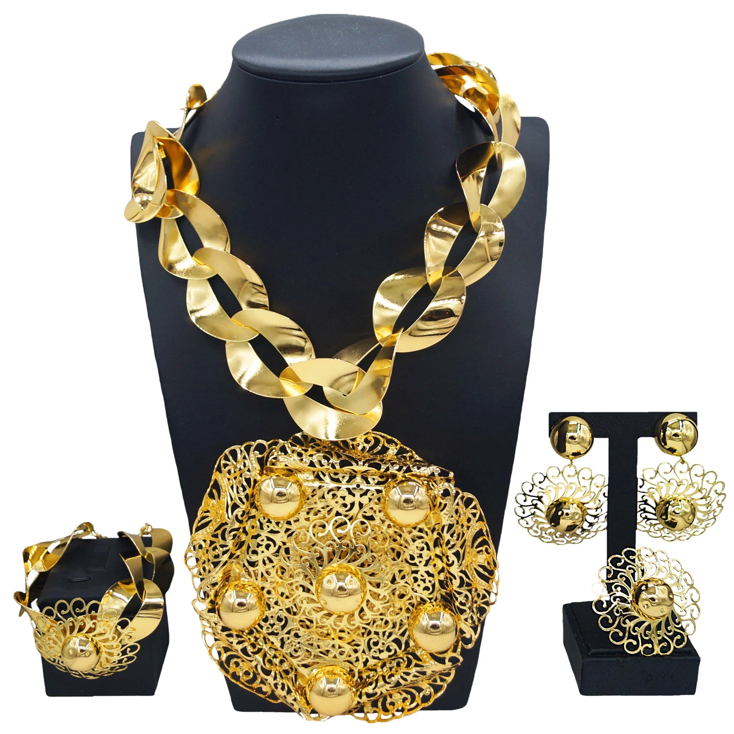 

Yulaili brass gold plated jewelry set Nigerian wedding bride four-piece luxury quality necklace earrings China factory direct sa