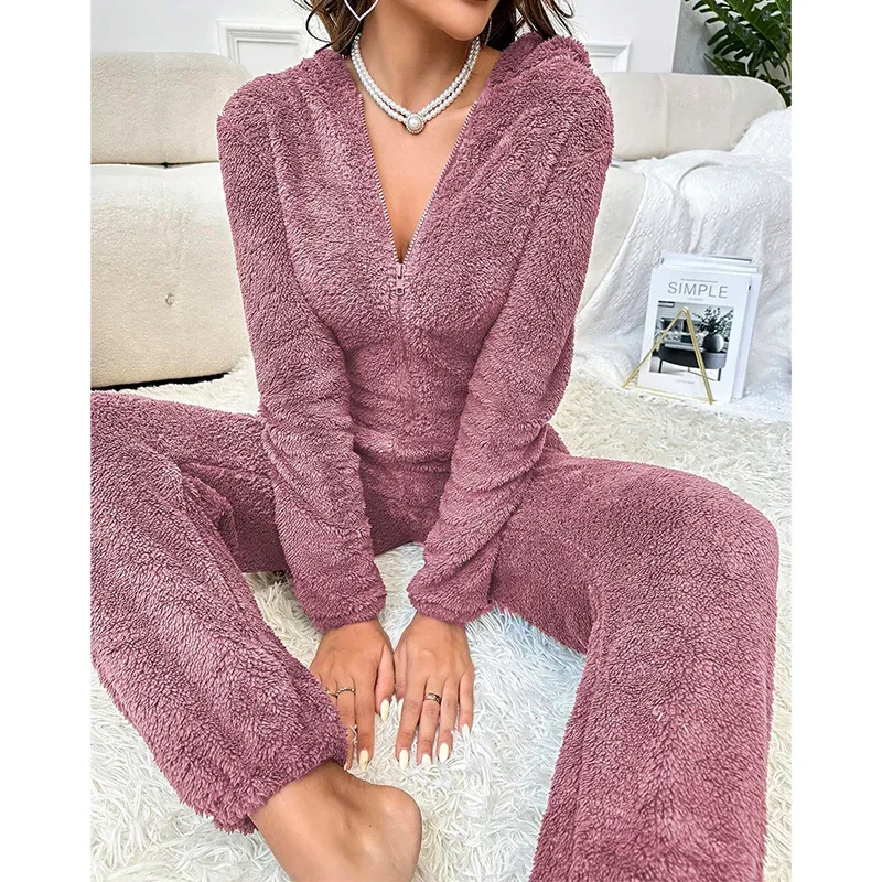 Warm Fleece Pajamas Jumpsuit Lady Autumn Winter Homewear Hooded Nightwear Coral Fleece Onesie Long Sleeve Loungewear Sleepwear