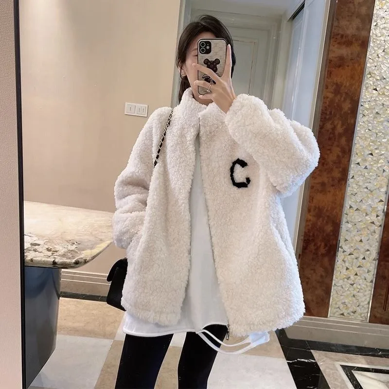 سترة نسائية من الصوف مبطنة بالصوف من الصوف المرجاني ملابس خارجية دافئة للشتاء والربيع