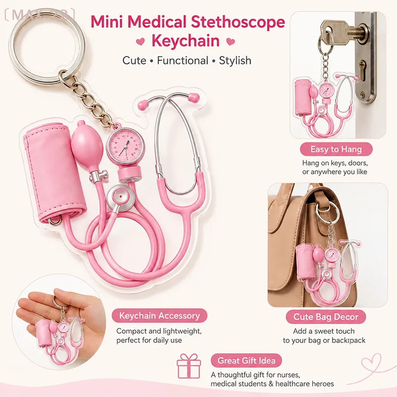 〔MAX-22〕1Pcs  Nurse Bag Charm Pendant 2D Flat Doctor Cute Pink Mini Stethoscope Keychain Gift Accessory For Keys Backpack view 3