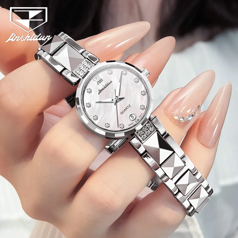 JSDUN 8988 ساعة نسائية فاخرة أنيقة سويسرية كوارتز حركة ساعة اليد مقاوم للماء التنغستن الصلب السيدات تاريخ طقم ساعات هدية صندوق