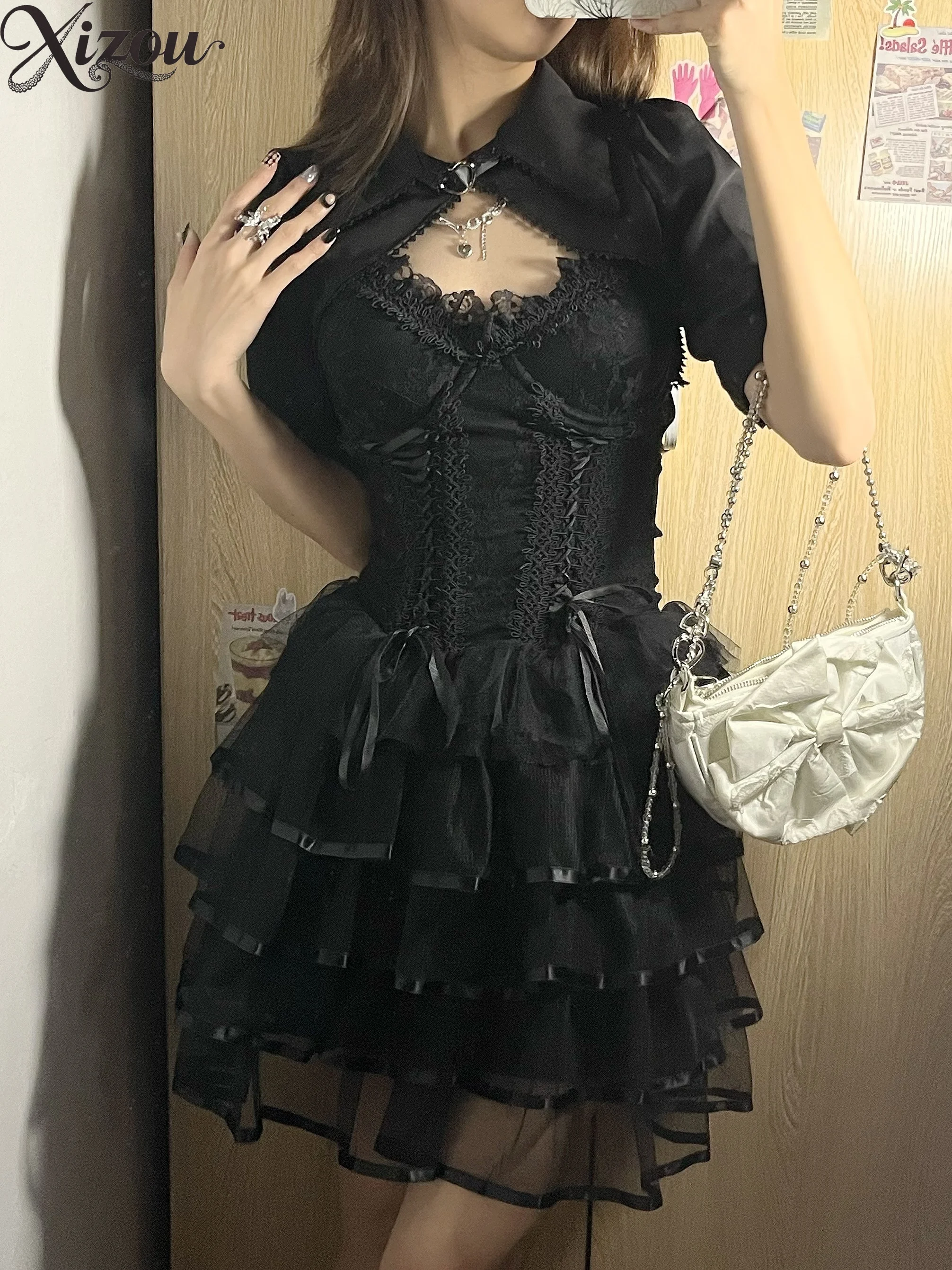 3 조각 세트 여자 여름 고딕 펑크 로리타 Y2k 공주 스커트 세트 레이스 Fishbone 생일 복장 Eveing ​​파티 스커트 Y2k 정장