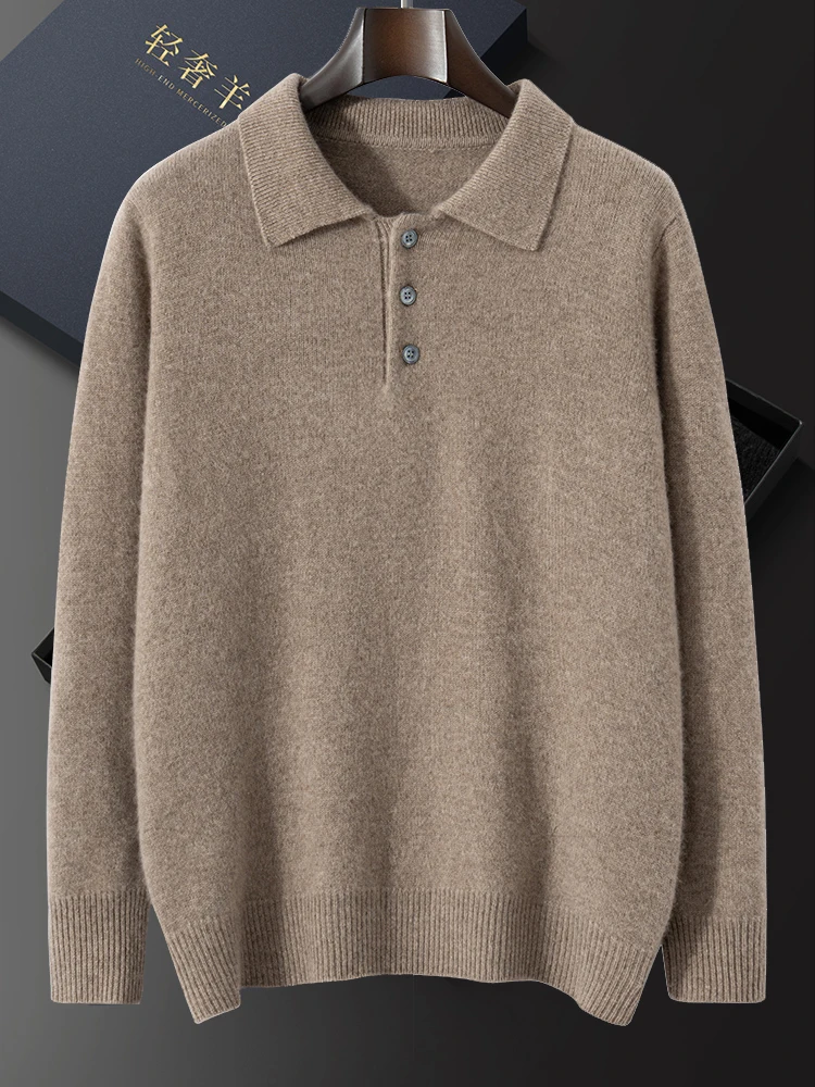 Autumn Winter Men's 100% Cashmere Polo Sweater Basic Smart Casual Long Sleeve Pullover Cashmere Knitwear Soft Comfy Clothing Top