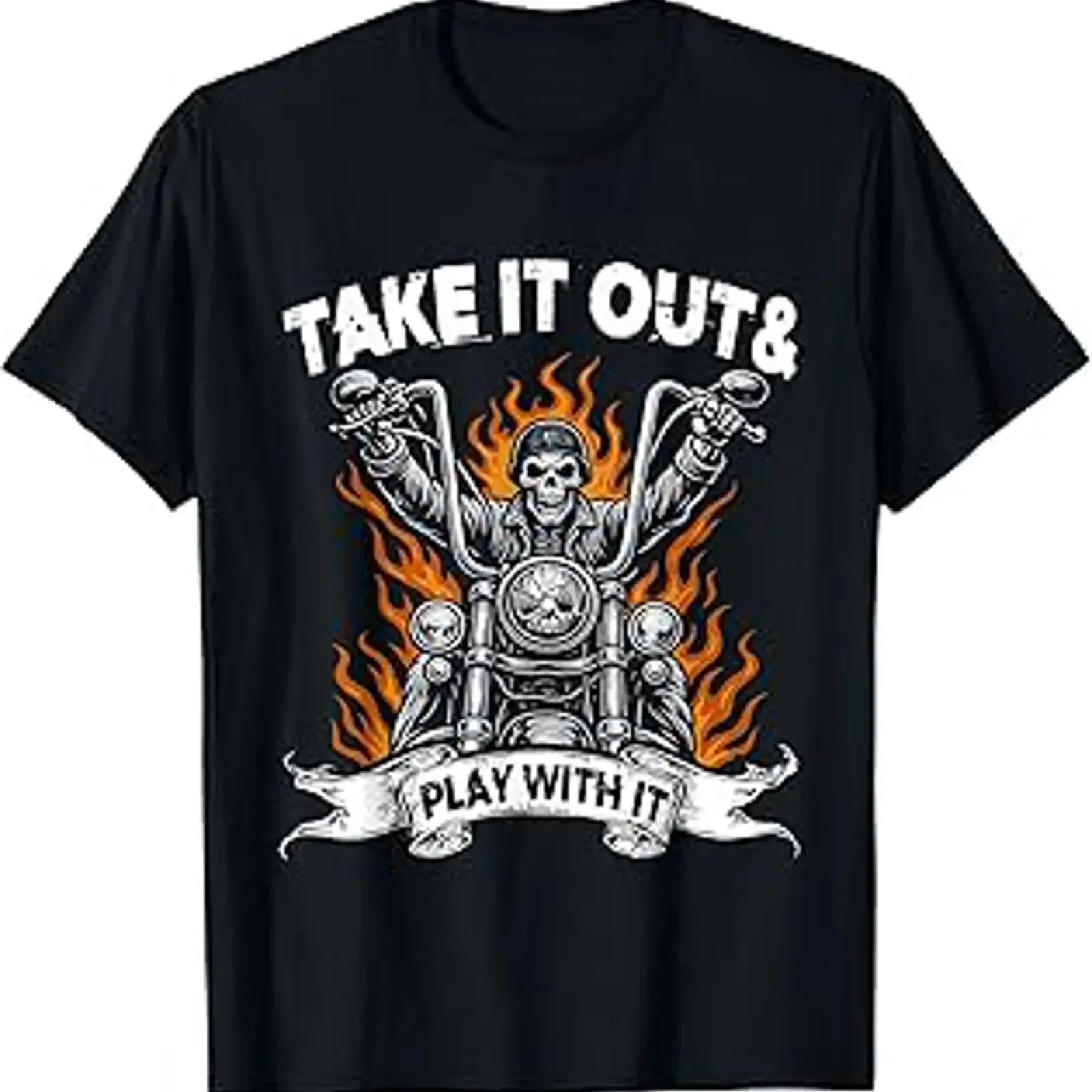 Take It Out Play With Skeleton Riding Motorcycle Humor T-Shirt Vintage Washed Homme Atmungsaktives Oberteil für den Alltag Unisex