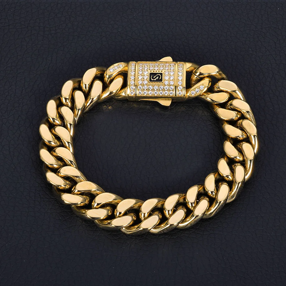 

NY 7/9/11/13MM Stainless Steel Cuban Link Chains Shiny Cubic Zirconia Clasp Personalize Monaco Bracelet for Men Hiphop Jewelry