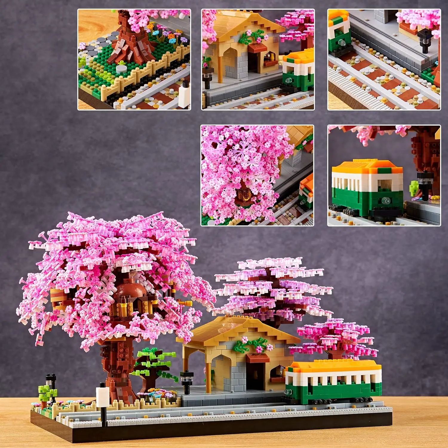 Sakura Tree Station Building Set Model Bonsai Tree House Building Blocks Pink Home Decoration Children\'s Toy Gifts