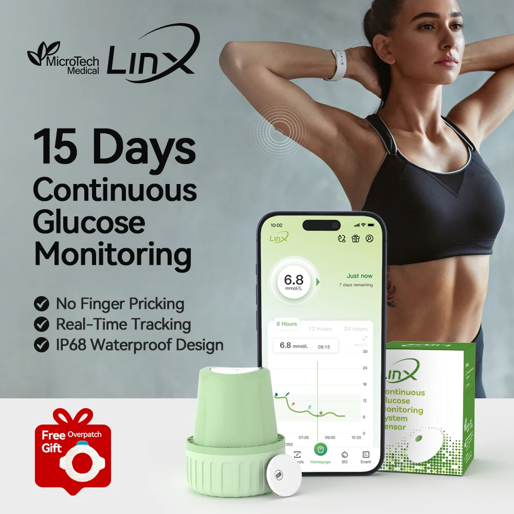 Monitor de Glicose no Sangue MicroTech LinX Dinâmico em Tempo Real por 15 Dias Sem Perfuração de Dedo ​   para Diabetes
