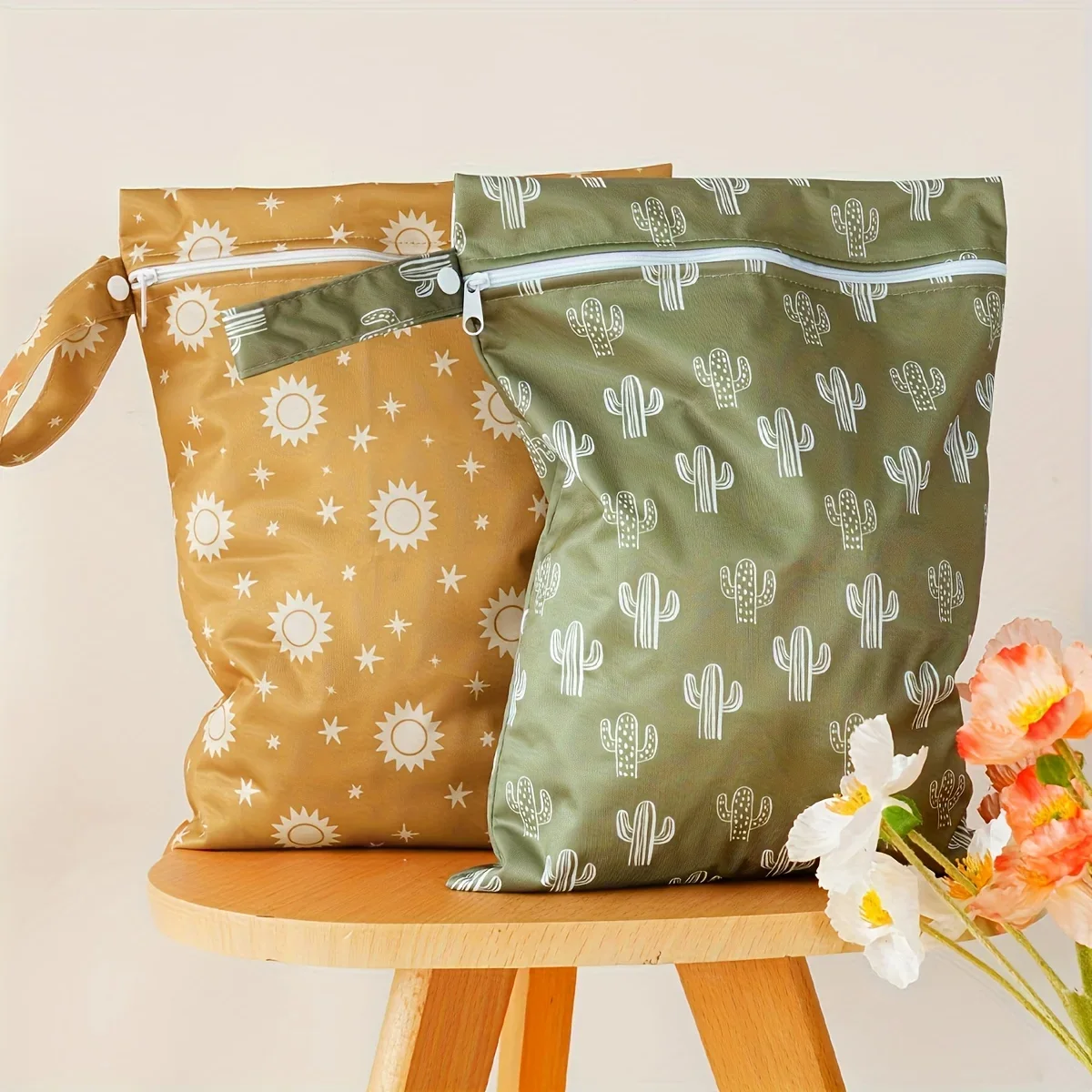 Wiederverwendbare Nasstaschen, Wickeltaschen aus Polyester mit Sonnen- und Kaktusmustern, zum Schwimmen, Camping, Reisen, Fitnessstudio, Strand