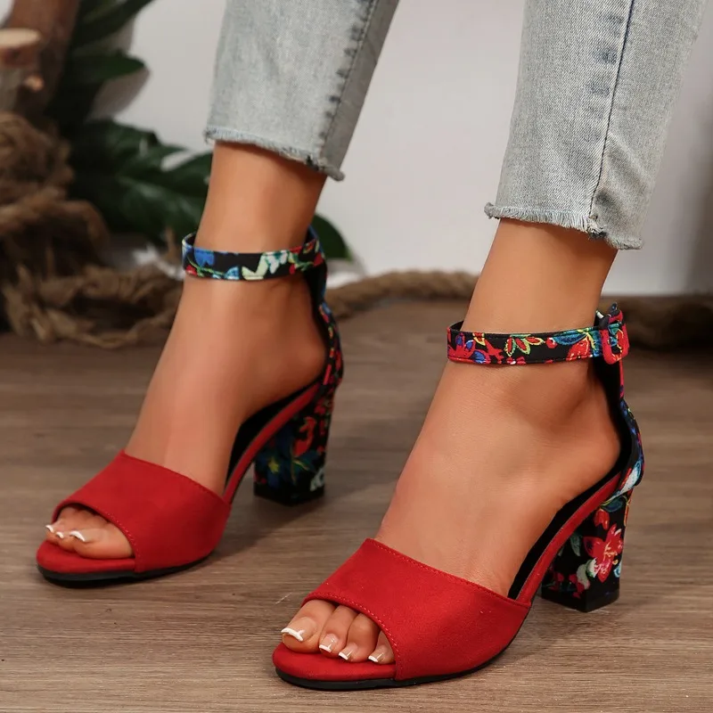 2026 Summer Shoes Women High Sandals Vintage Flower Print Open Toe High Heels Woman Casual Buckle Ankle Strap Sandalse Slingback