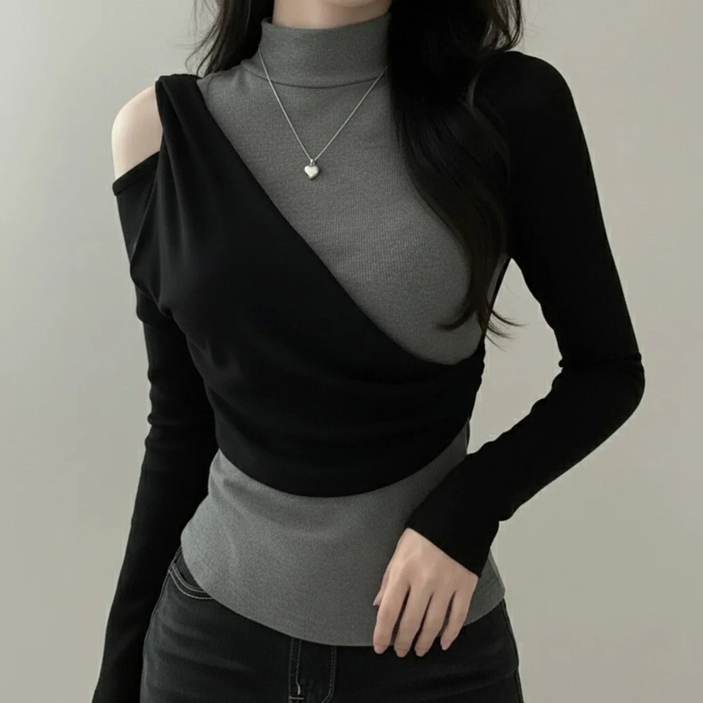IMU Simple Casual High Collar Fake Twopiece Stitching Tshirt Cleanfit Style Polyester Long Sleeve Ladies Tshirt Pure Color