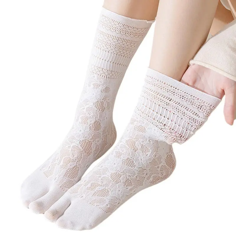 1 par de meias de dedo do pé de renda feminina verão oco malha cinco dedos meias de algodão de tubo alto com dedos separados