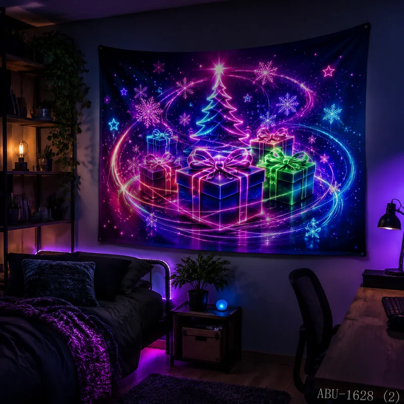 VIKAMA Neon Rainbow Gift Box Vortex Small Tree Halo Snowflake Starry Black Glow Art Christmas Tapestry Wall Hanging Bedroom Soft