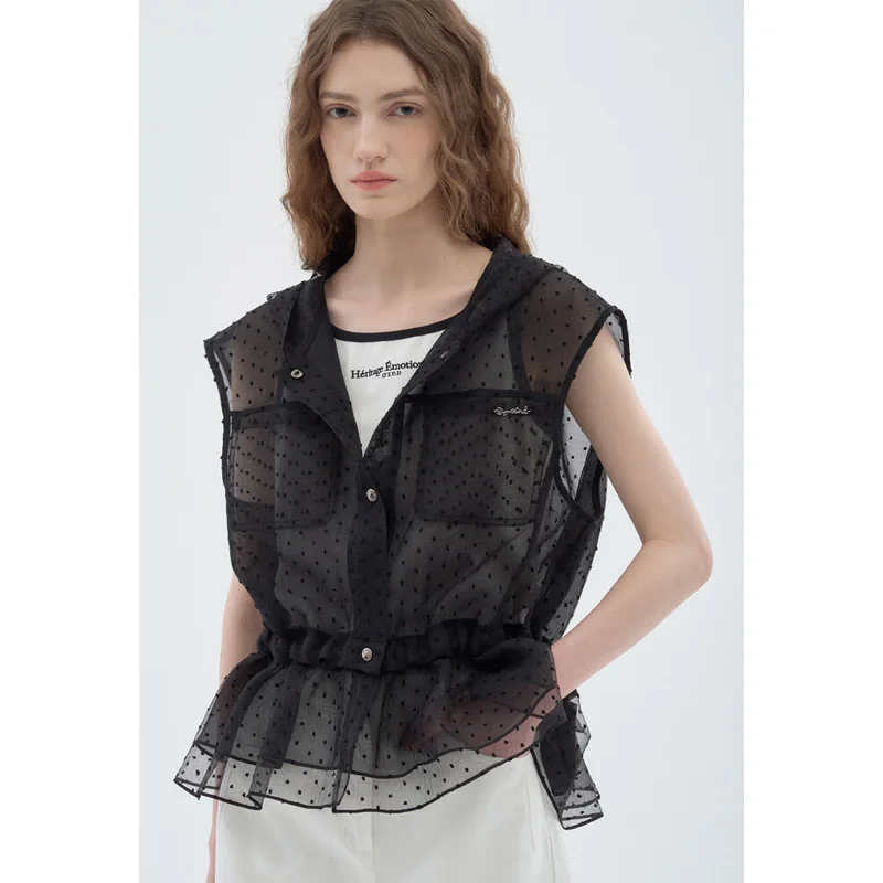 

Faionable Chic Oversized Polka Dot See tough Hooded Svel Waist Cinched Ruffle Hem irt Women's Sle French Straig...