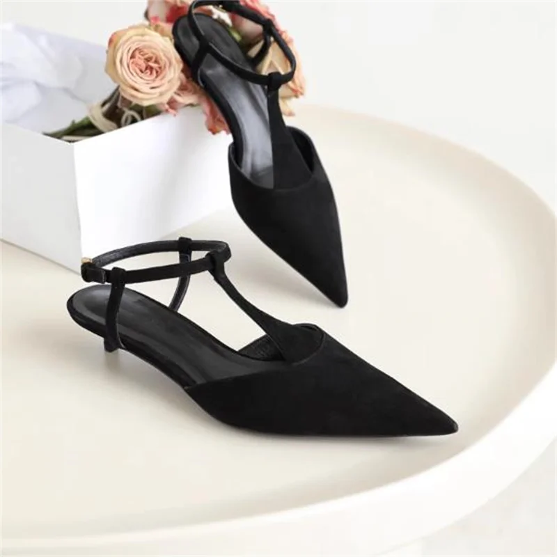 

Velvet Shoes for Womens Pointed Toe Ladies Buckle Female Sandals Belts Mid Heels Ankle Strap Chassure Femme Sewing Lines Zapatos