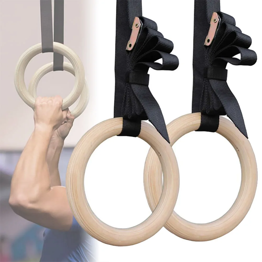 Double Circle Wood Gymnastic Rings Home Gym Equipment With Cam Buckle Straps For Gym Crossfit Bodyweight Training