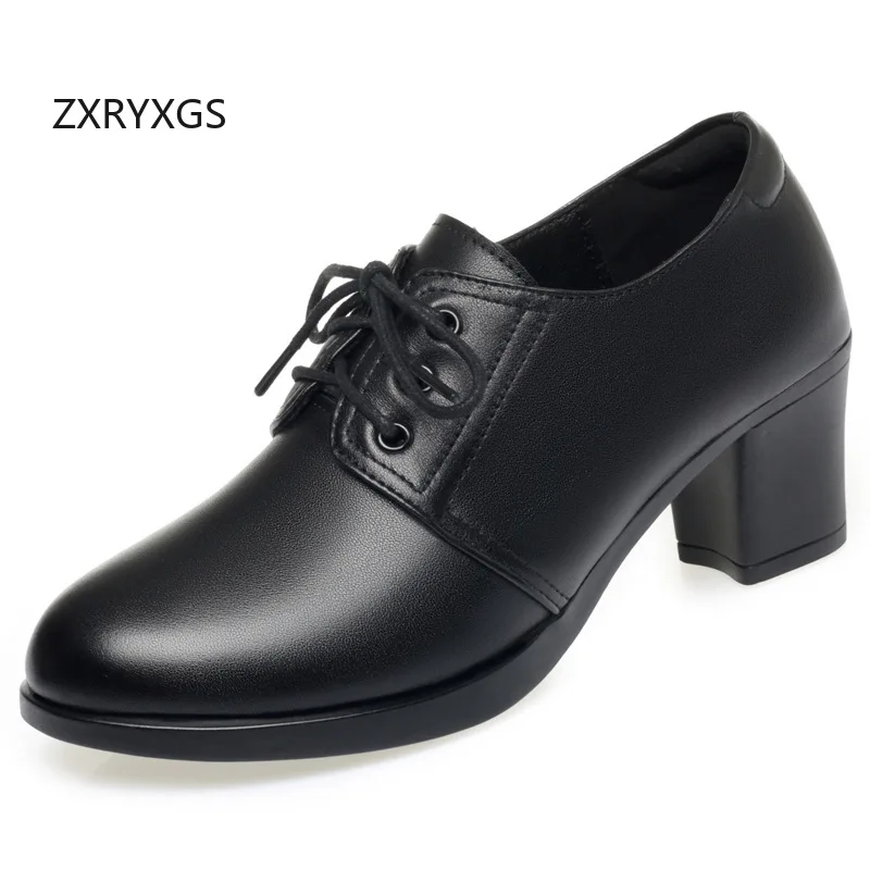 

ZXRYXGS British Style Cross Straps Premium Cowhide Ladies Leather Shoes Black 2025 New Elegant Comfortable Shoes Woman Mid Heels