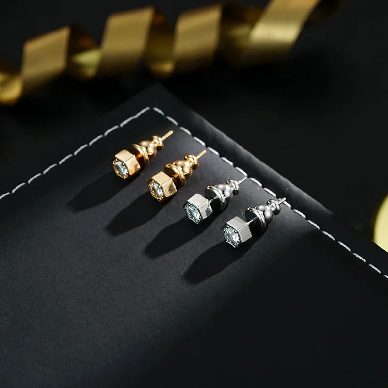 Classic giant shiny French gold hexagon inlaid zircon versatile minimalist daily stud earrings