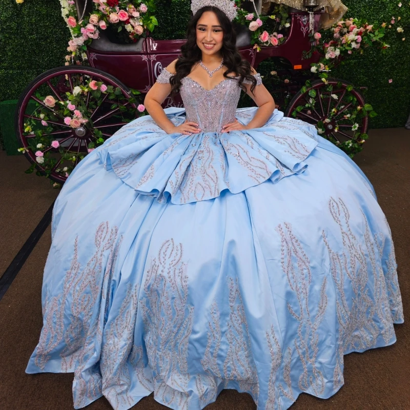 

Sky Blue Ball Gown Quinceanera Dresses Sequin Applique Lace Beading Crystal Tull Corset Off Shoulder Sweet 16 Dress Vestidos 15