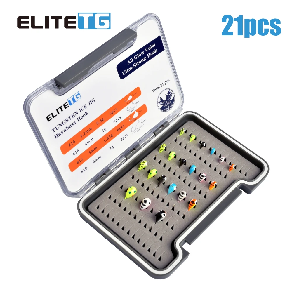 

Elite TG 21PCS New Tungsten UV Ice Fishing Jig Set 3.2mm4mm5mm6mm Boxed All Glow Color Winter Hook Perch Bluegill Crappie Lures