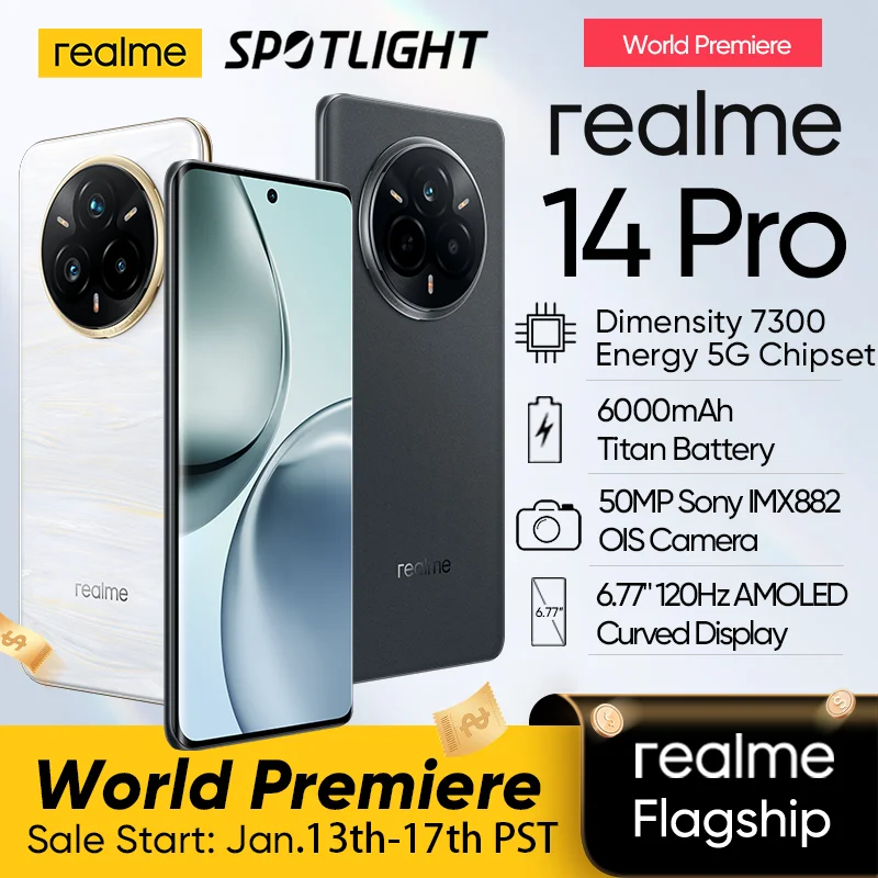 Realme-Smartphone Realme 14 Pro 5G, batterie 6000mAh, appareil photo Sony OIS 50MP, écran incurvé OLED 6.77 "120Hz, jeu de puces 7300, première mondiale