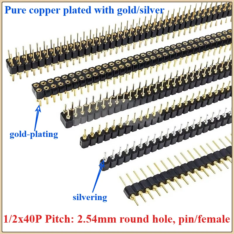 5 Pcs Round Hole Pin Header 2.54MM Pitch Row Female/Male, Single Row 1x40P / 2x40P Double Row Pin Round Pin Gold Plated