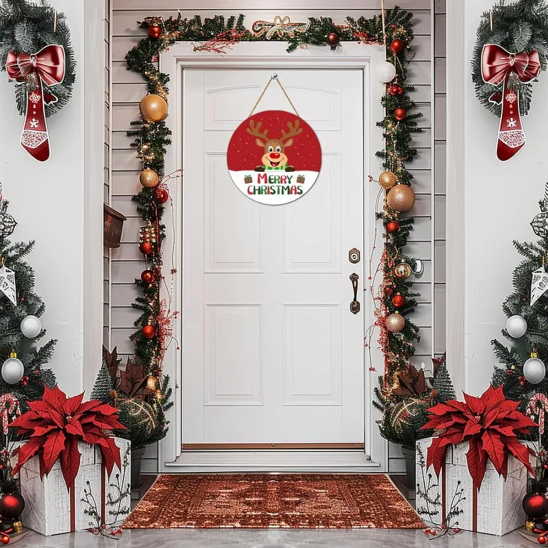 لافتة باب عيد الميلاد الرنة اللطيفة، شماعة خشبية لعيد الميلاد المجيد لشرفة الباب الأمامي، ديكور الحائط ديكور المنزل الداخلي للعطلات