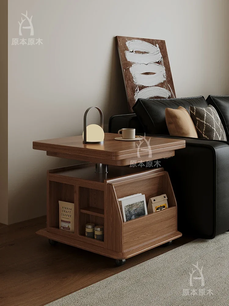 Accompanying coffee table walnut color, living room multi-functional cart side table movable solid wood lifting