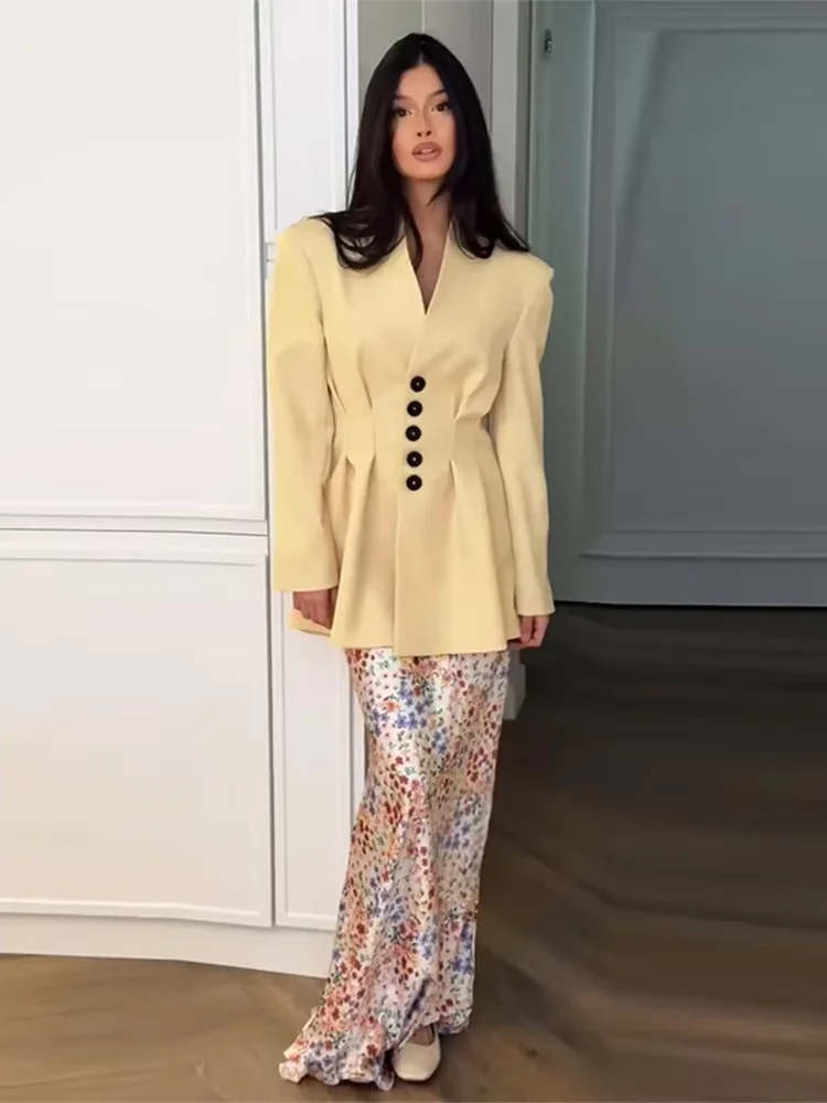 

Yellow Slim Pleated Jacket Women's Elegant V Neck Long Sleeves Single Breasted Blazer Coat Lady New Summer Casual Outfits