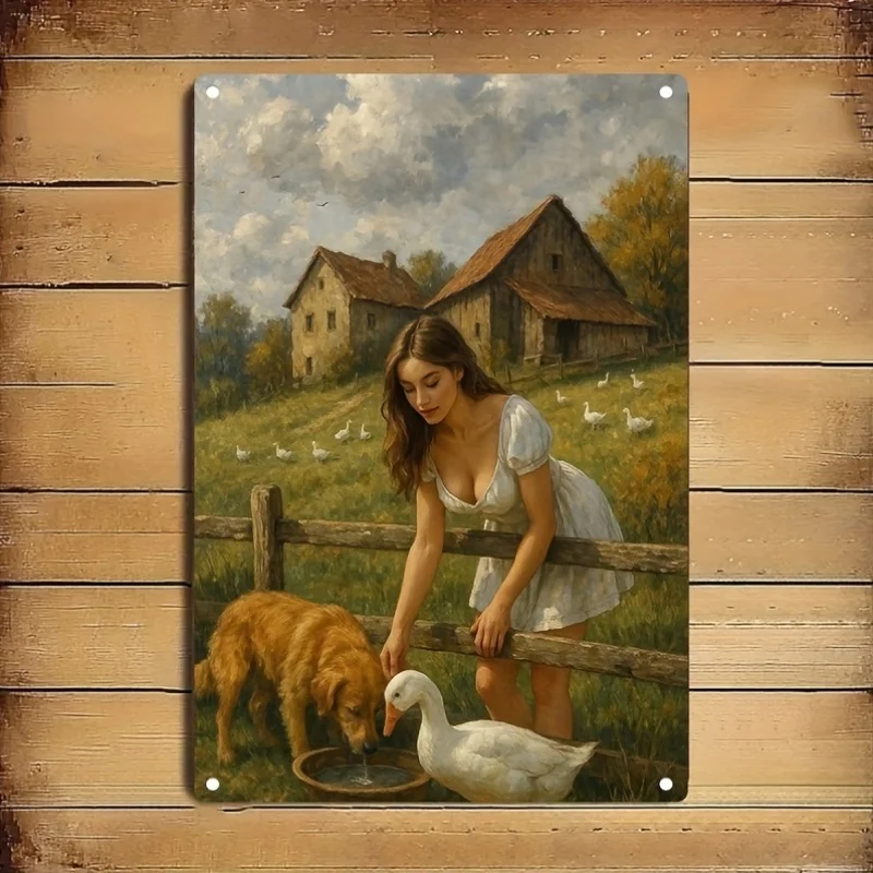 Vintage-Wandschild aus Metall, rustikales Bauernhaus-Dekor, Landhaus-Mädchen und Hund, pastorale Szene, robustes Eisen, Weihnachtsgeschenk, Zuhause, Café, Bar