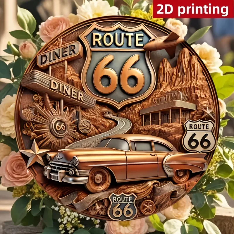 Un retro plano 2D No. 66 letreros de madera con diseños de automóviles y paisajes en el desierto, aptos para decoración del hogar en el oeste.