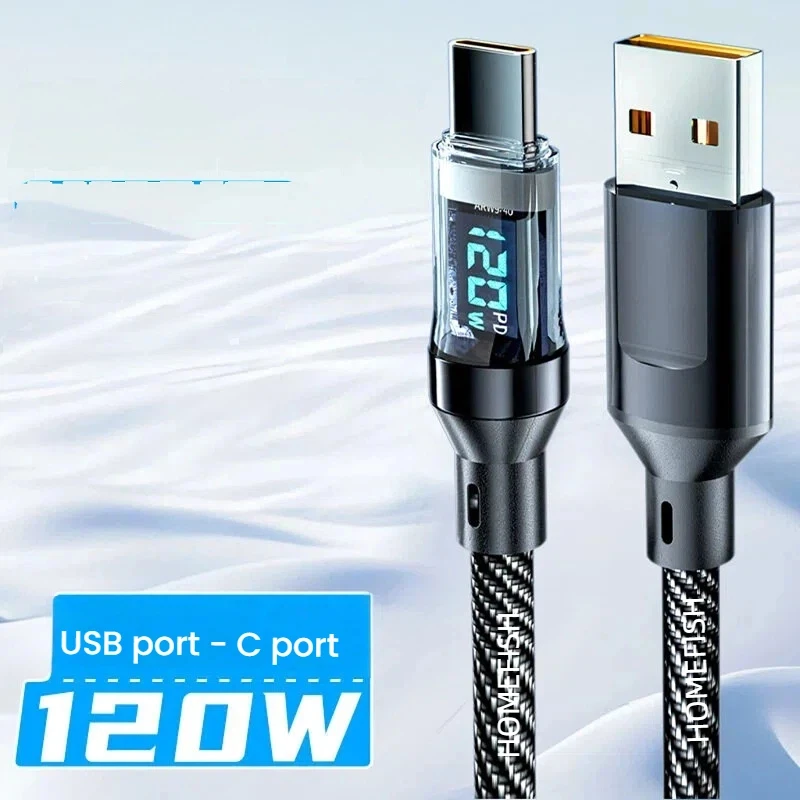 HOMEFISH 60W USB-C 초고속 충전 케이블(디지털 디스플레이 포함), 편조형 파손 방지 와이어, 최대 120W 호환